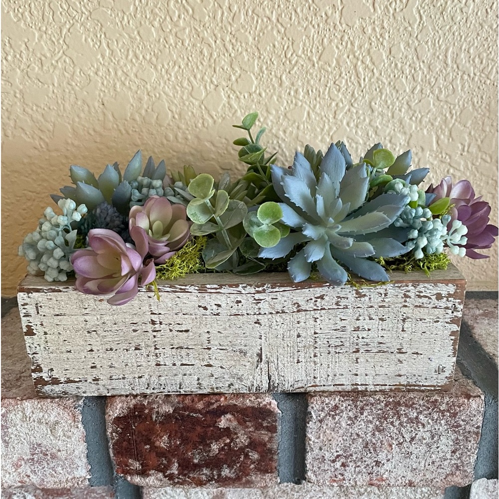 Hand designed faux succulents in wood box